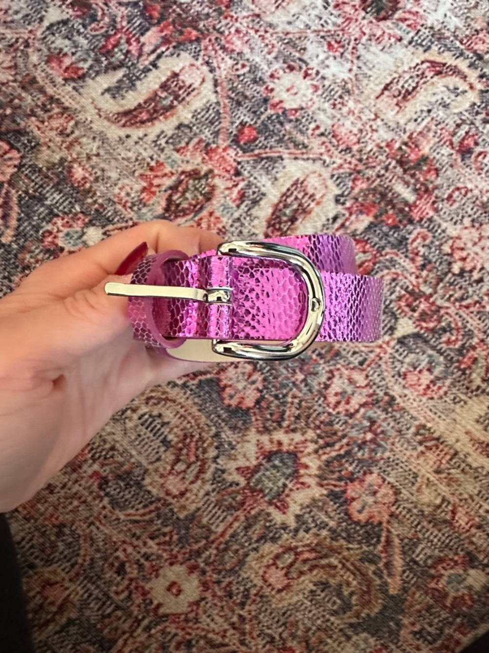 Isabel Marant Metallic Fuchsia Textured Women's Belt with Silver Buckle